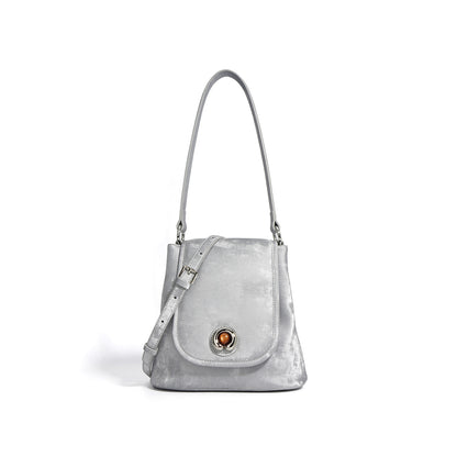 Silver gray split leather bucket bag with magnetic flap front view
