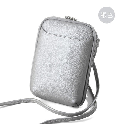 Cowhide Vertical Crossbody Phone Bag, Pebbled in Silver