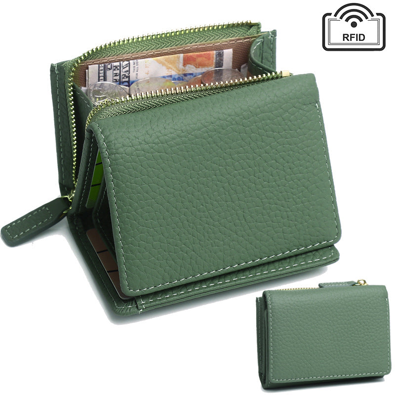 Jade green leather wallet with zipper coin pocket