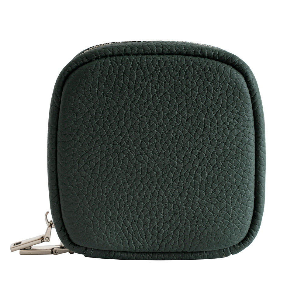 Dark green cowhide leather mini cosmetic pouch with zipper, front view