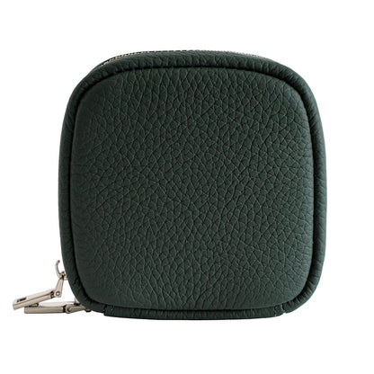 Dark green cowhide leather mini cosmetic pouch with zipper, front view