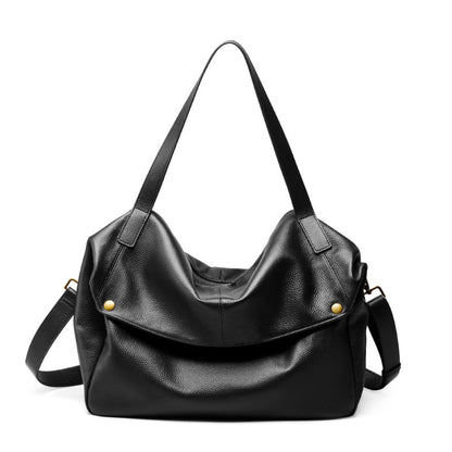 Cowhide Leather Tote Shoulder Bag with Detachable Strap in Black