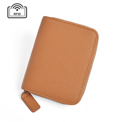 Top-Grain Cowhide Zip Wallet with RFID-Blocking Card Slots in Coffee