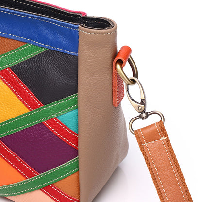 Close-up of patchwork stitching and strap attachment hardware