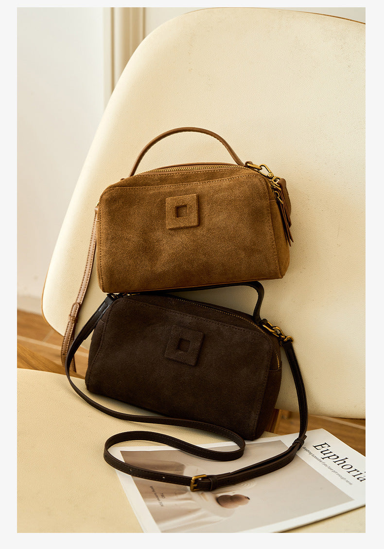 Coffee and dark brown nubuck cowhide bags with rectangular shape and top handles