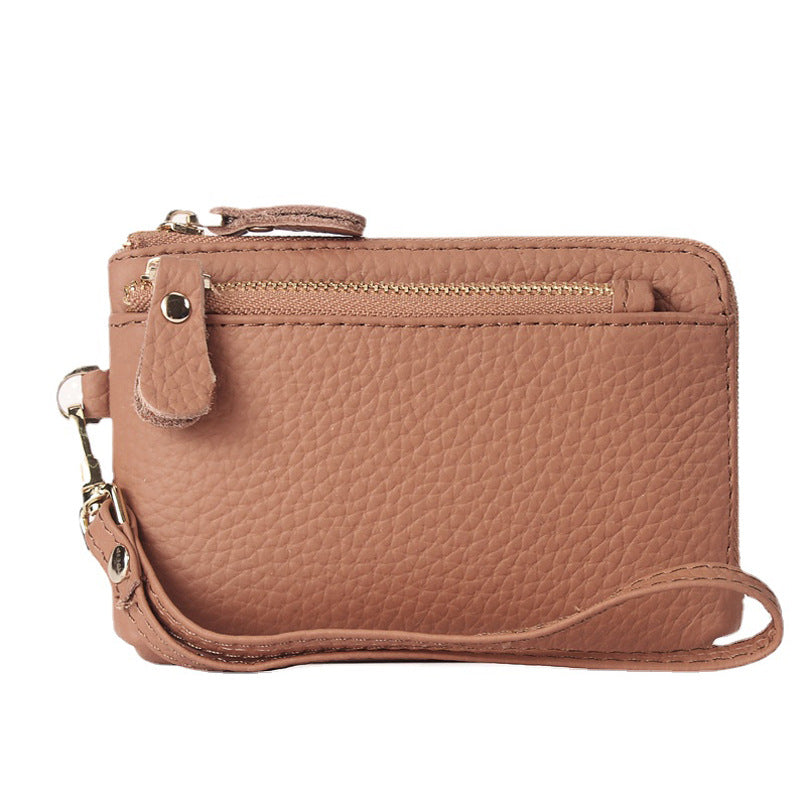 Lotus pink leather mini wallet with attached keychain