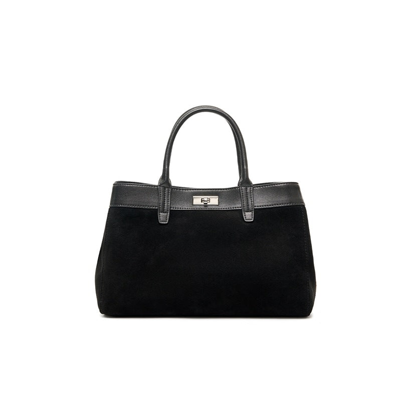Suede Cowhide Top-Handle Shoulder Bag in Black Suede