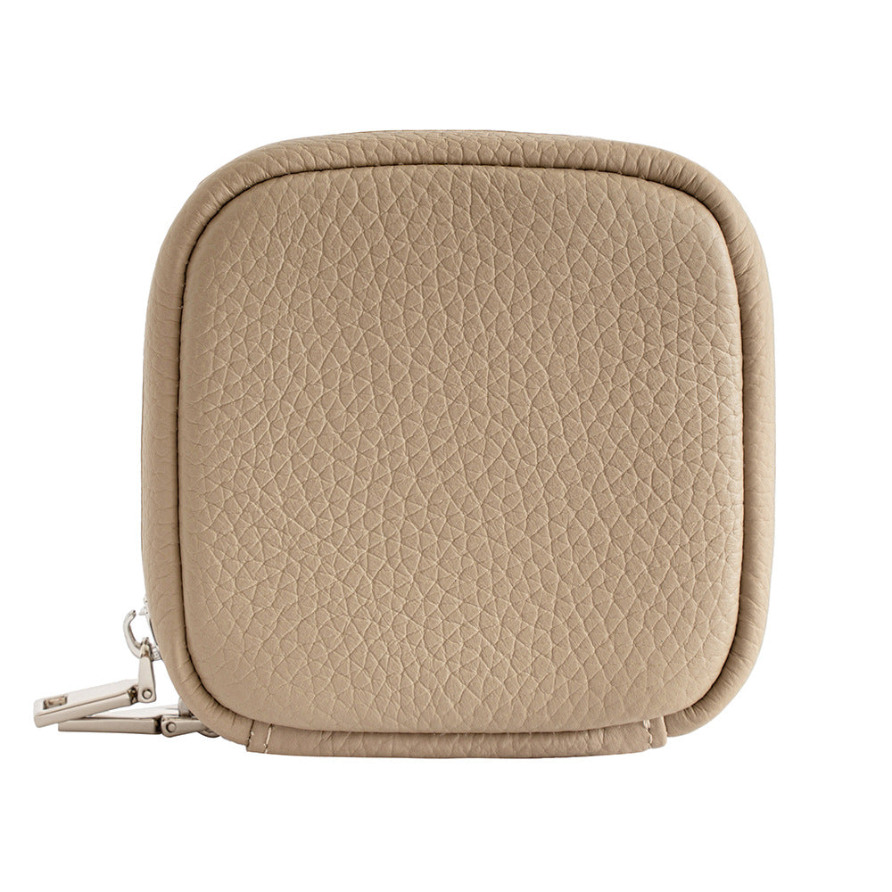 Linen grey cowhide leather mini cosmetic pouch with zipper, front view