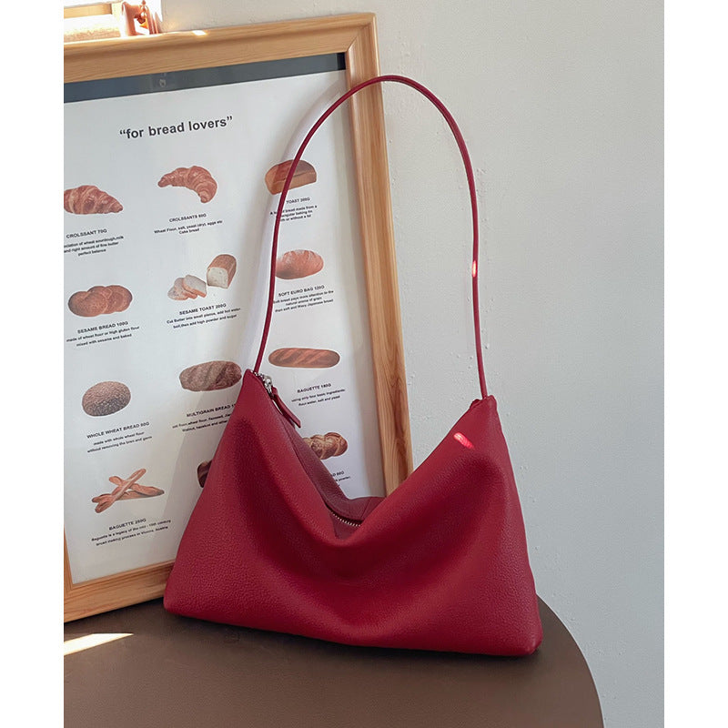 Top-Grain Cowhide Hobo Shoulder Bag in Red, 11.8 x 1.6 x 7.9 in