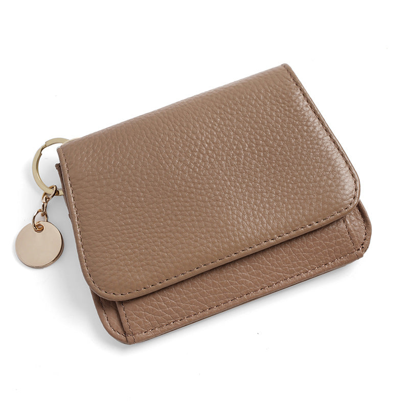 Tan brown leather mini wallet with gold keyring charm
