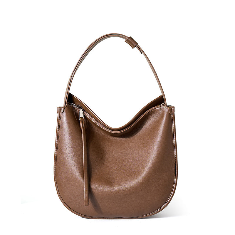 Brown cowhide leather hobo shoulder bag front view on white background