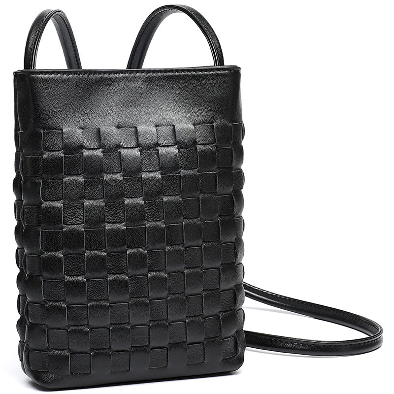 Black lambskin woven mini crossbody phone bag front view with magnetic closure and adjustable strap