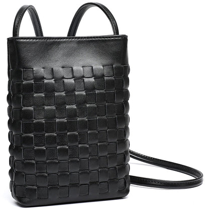 Black lambskin woven mini crossbody phone bag front view with magnetic closure and adjustable strap