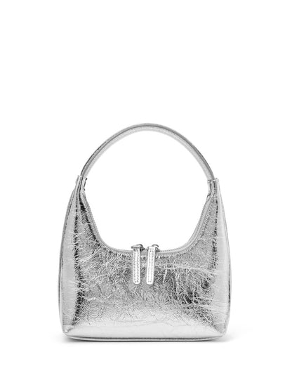Silver crinkle patent mini hobo bag, front view on white background