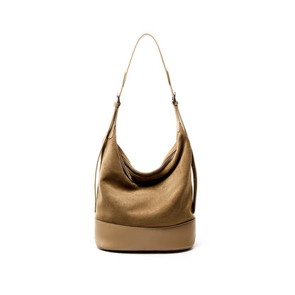 Khaki suede bucket shoulder bag with contrasting leather base
