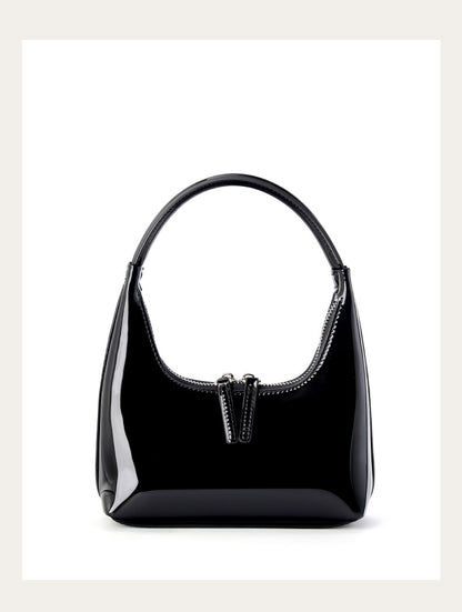 Black patent cowhide mini hobo bag, front view on white background