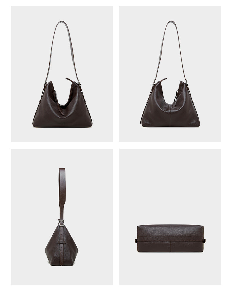 Four views of a Havana leather bag including front and side angles