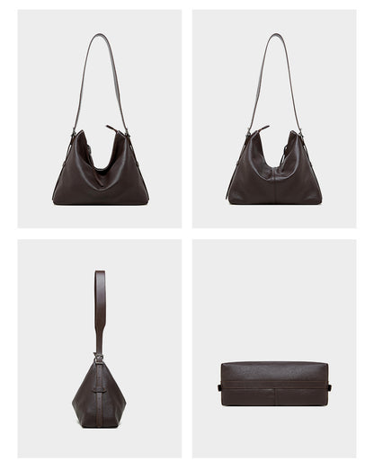 Four views of a Havana leather bag including front and side angles