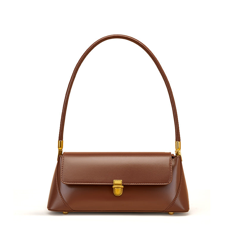 Cowhide Leather Small Plus Baguette Shoulder Bag in Coffee