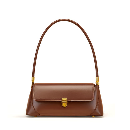 Cowhide Leather Small Plus Baguette Shoulder Bag in Coffee