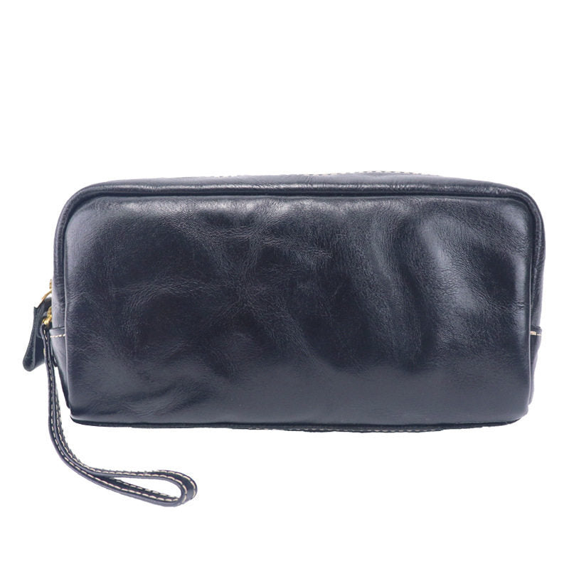 Black leather zip pouch with attached wrist strap