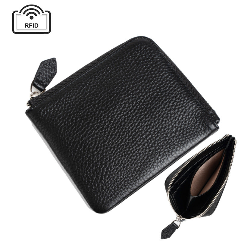 Cowhide Leather Short RFID-Blocking Wallet in Black
