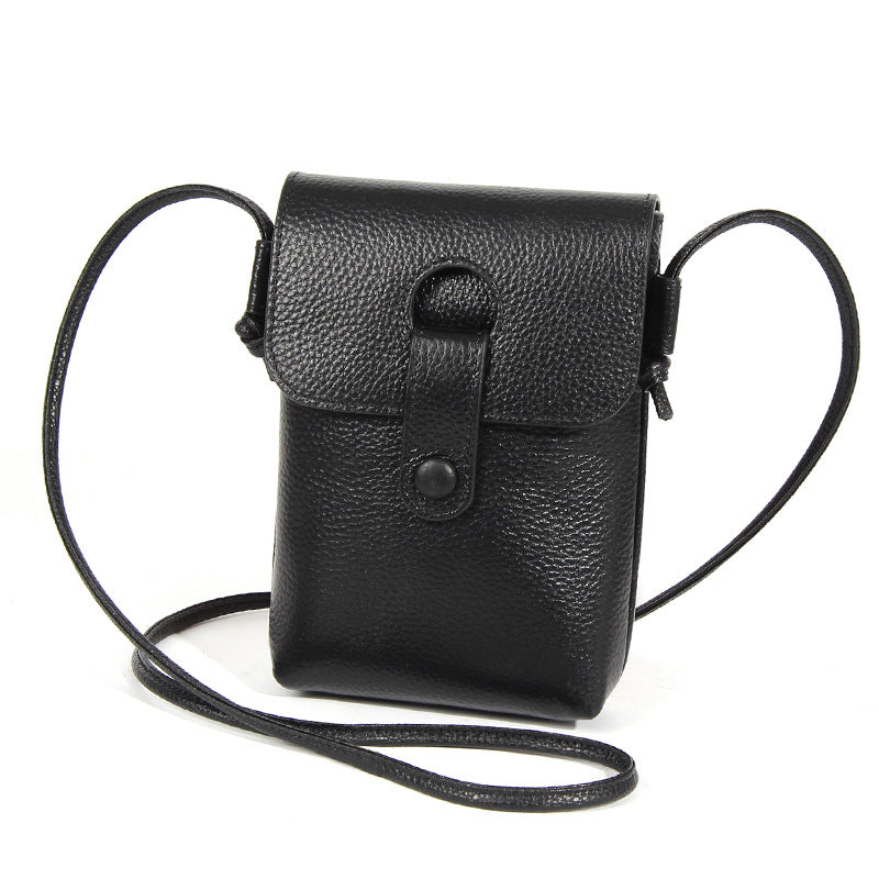 Black pebbled cowhide leather mini crossbody phone bag with thin adjustable strap