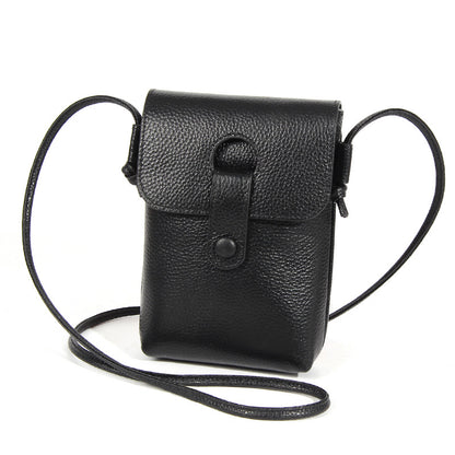 Black pebbled cowhide leather mini crossbody phone bag with thin adjustable strap
