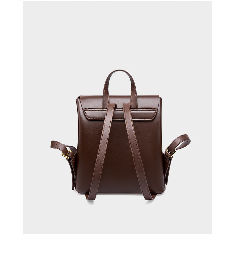 Back view of the dark brown backpack showing the two adjustable shoulder straps and top handle