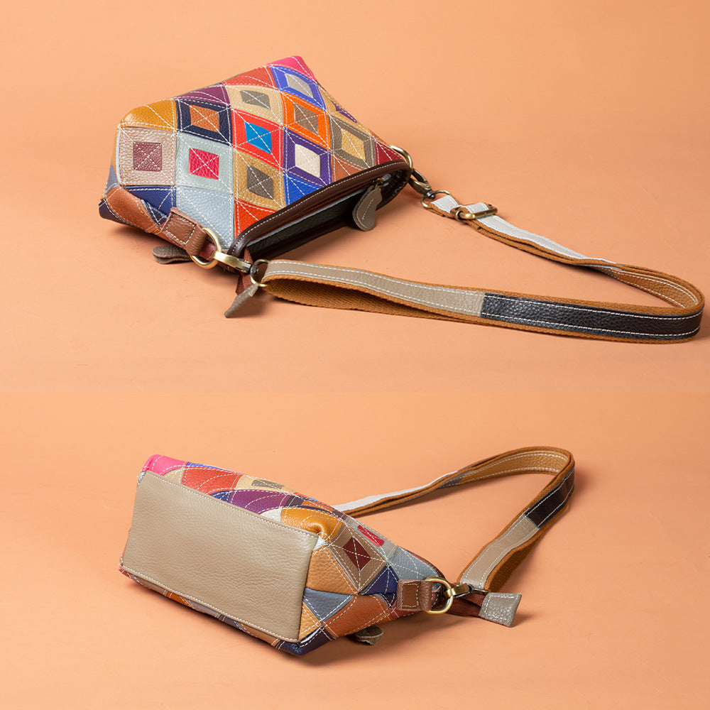 Top and base views of the geometric patchwork crossbody bag