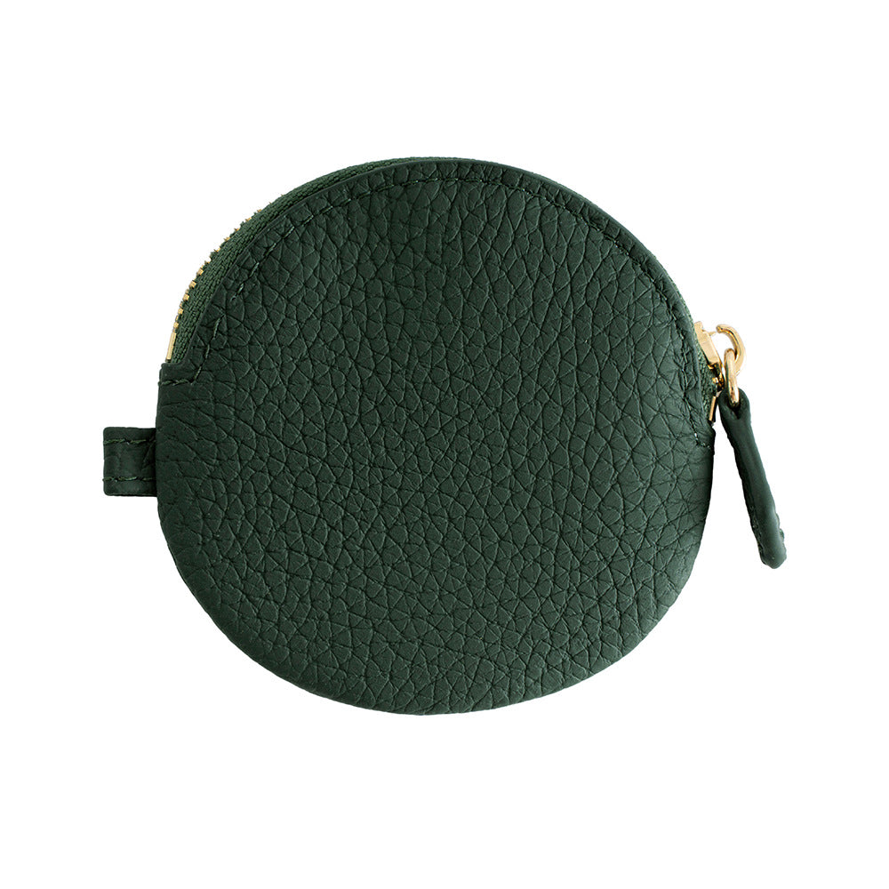 Dark green round leather coin purse with gold-tone zipper hardware
