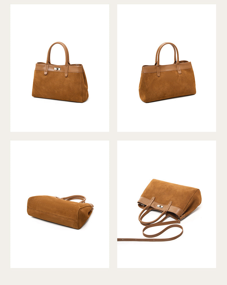 Caramel brown bag shown from front, back, base, and strap angles