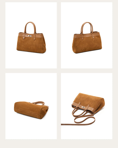 Caramel brown bag shown from front, back, base, and strap angles