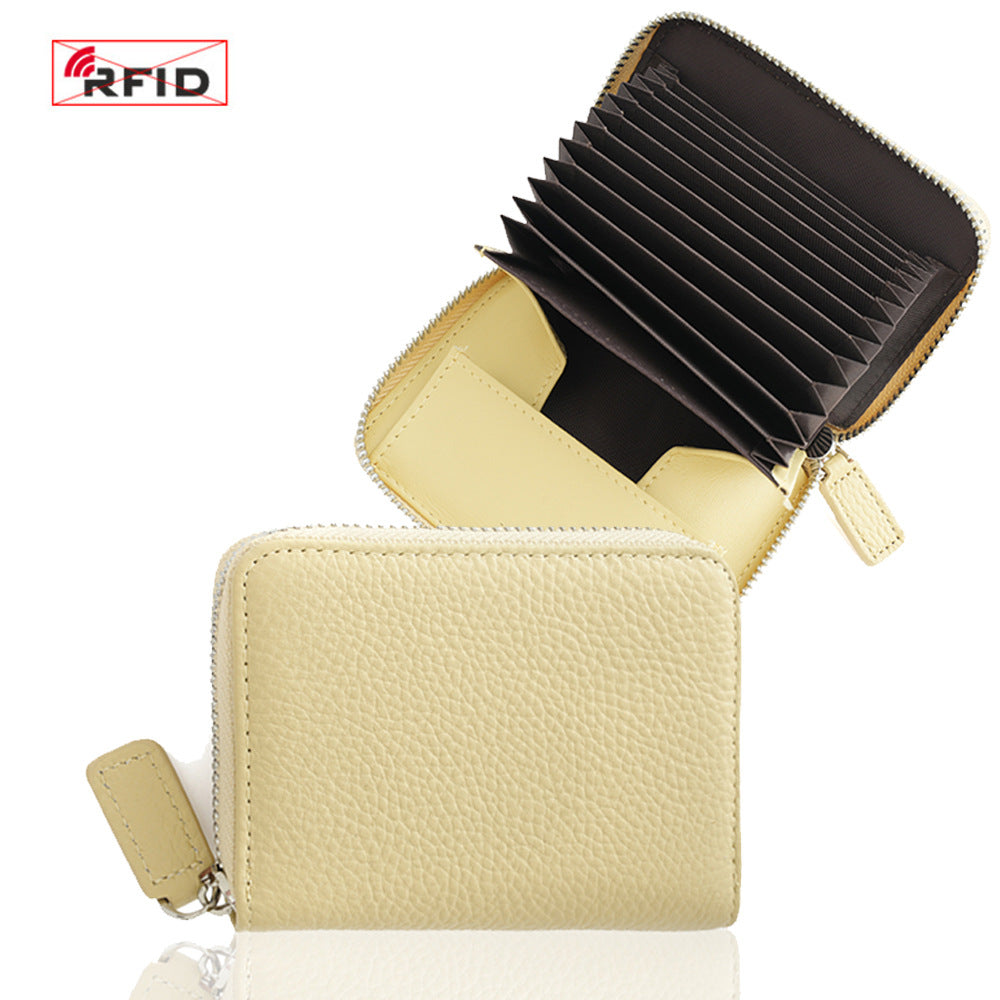 Top-Grain Cowhide Zip Wallet with RFID-Blocking Card Slots in Light Yellow