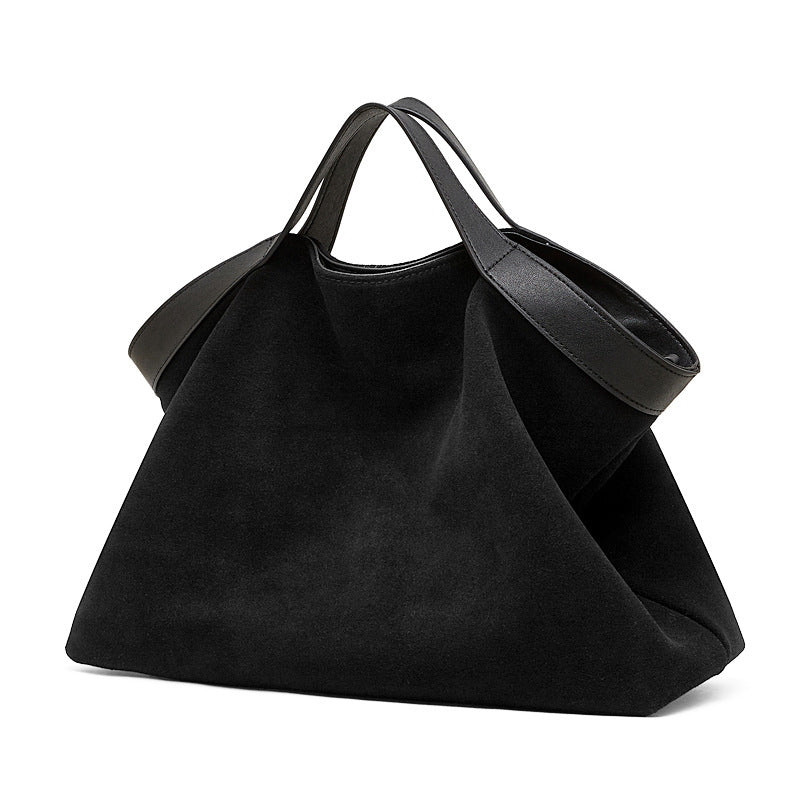 Cowhide Nubuck Leather Crossbody Tote Bag in Black