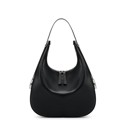 Black cowhide leather crescent hobo shoulder bag front view on white background, top zip and adjustable strap visible