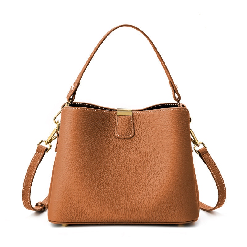 Cowhide Leather Crescent Bucket Bag in Brown, 24*10*18.5