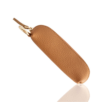 Top-Grain Cowhide Mini Zip Coin Purse with Key Clip in Coffee