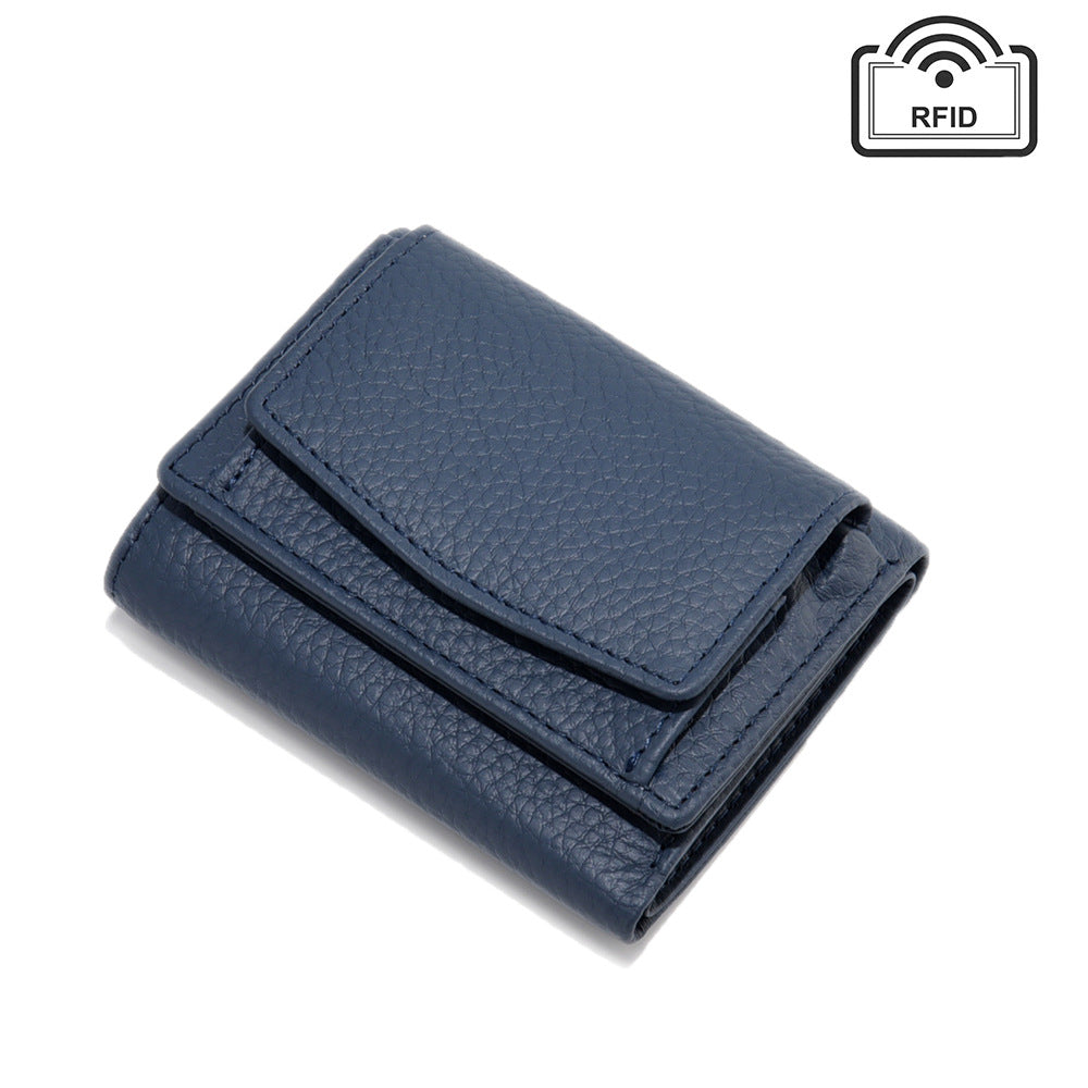 Dark blue compact tri-fold wallet in textured leather