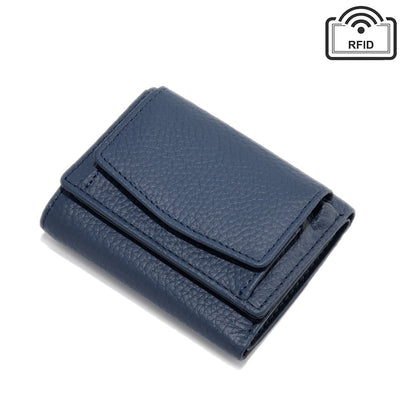 Dark blue compact tri-fold wallet in textured leather
