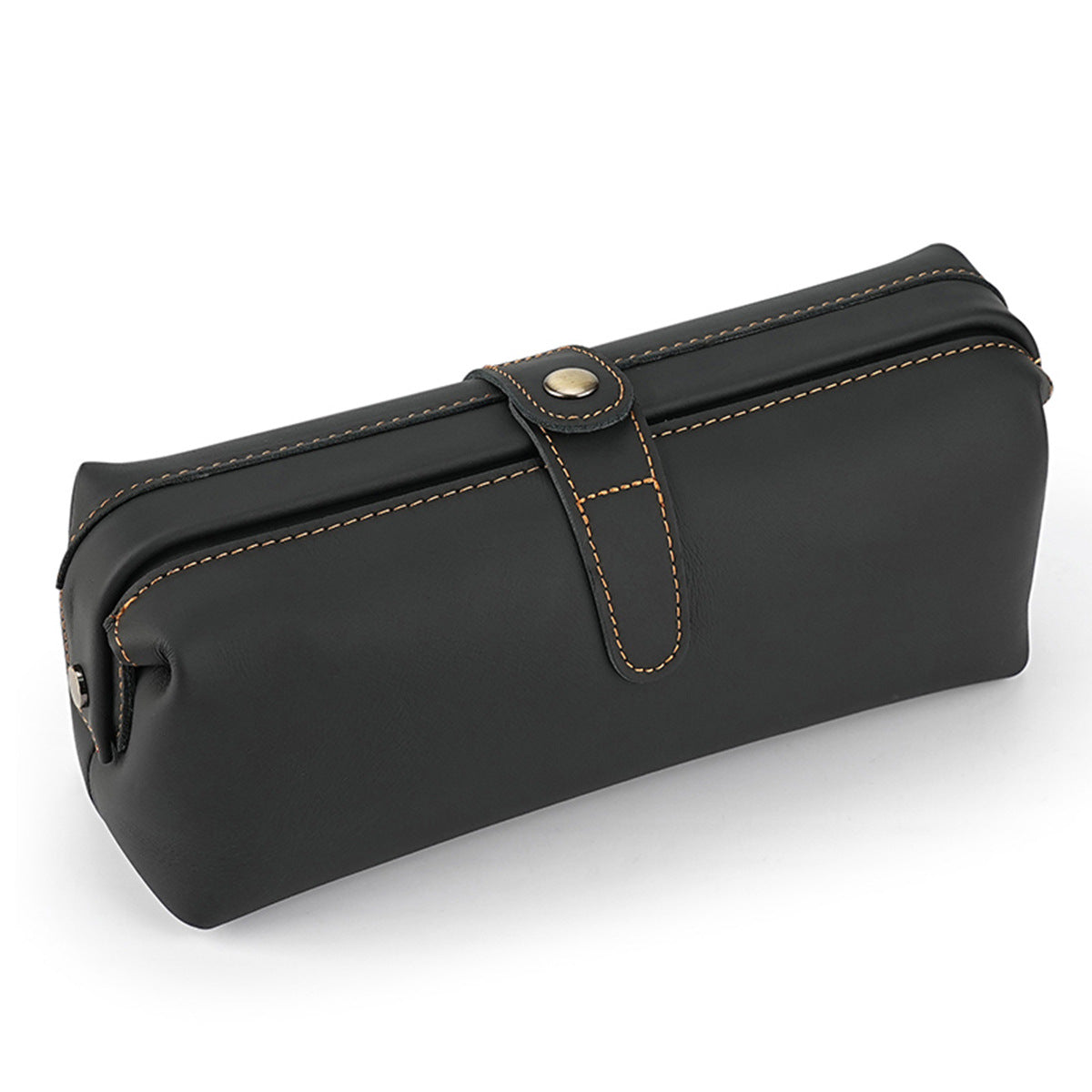 Black leather pouch with snap closure and contrast stitching