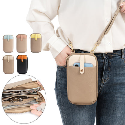 Lifestyle view of beige leather phone bag worn crossbody with interior card slots and coin pocket detail