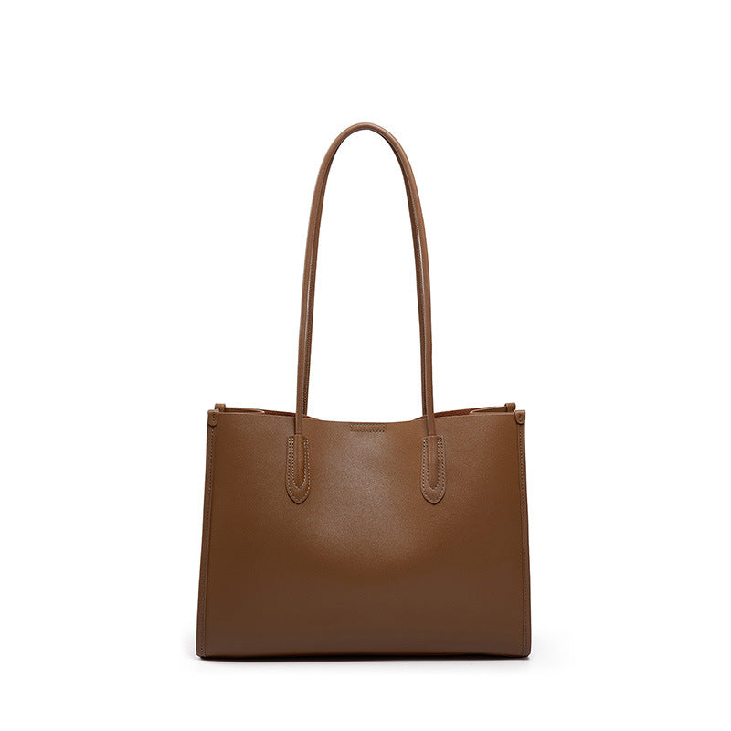 Coffee brown soft cowhide leather tote bag with smooth grain finish