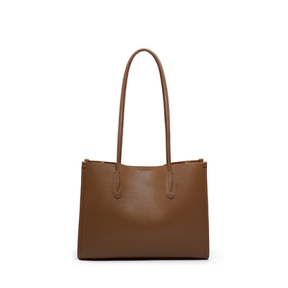 Coffee brown soft cowhide leather tote bag with smooth grain finish
