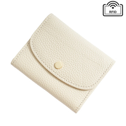 Off white pebbled cowhide mini coin purse wallet shown closed with gold-tone snap and RFID label