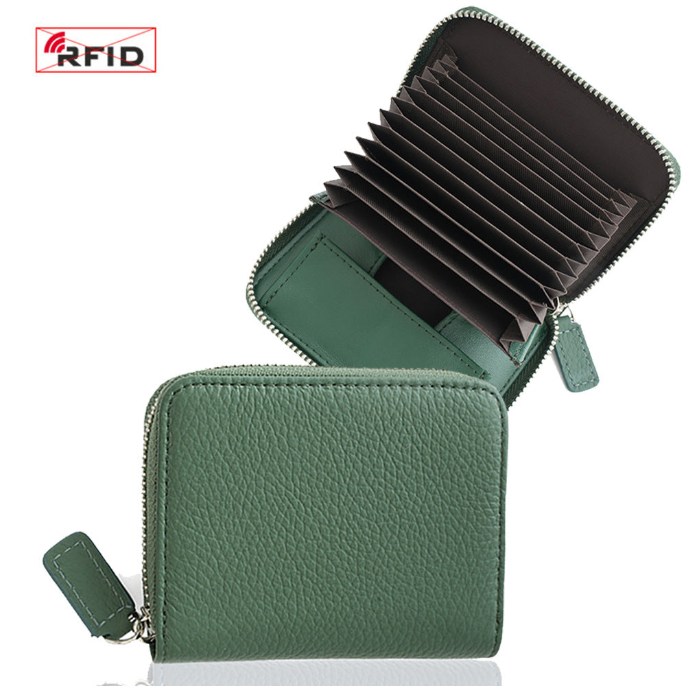 Top-Grain Cowhide Zip Wallet with RFID-Blocking Card Slots in Green