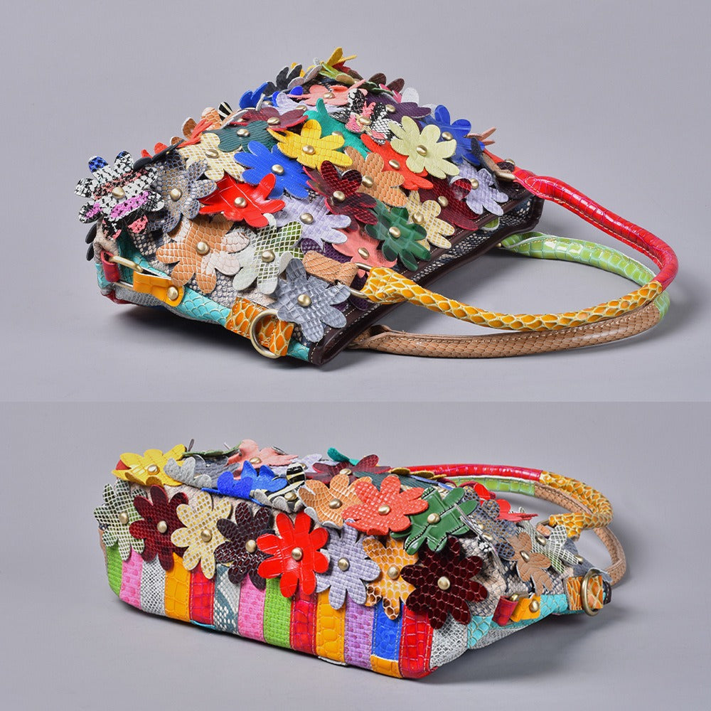 Top and side angle showing the bag's floral design and shoulder straps