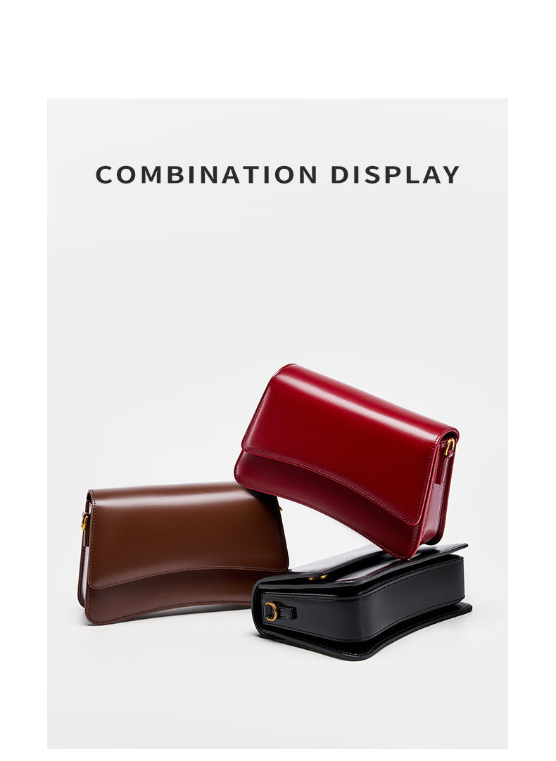 Combination display of three colorways of cowhide leather mini shoulder bags