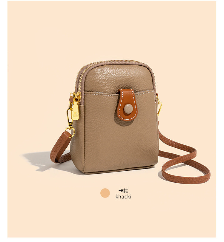 Cowhide Micro Crossbody Phone Bag with Detachable Strap in Khaki