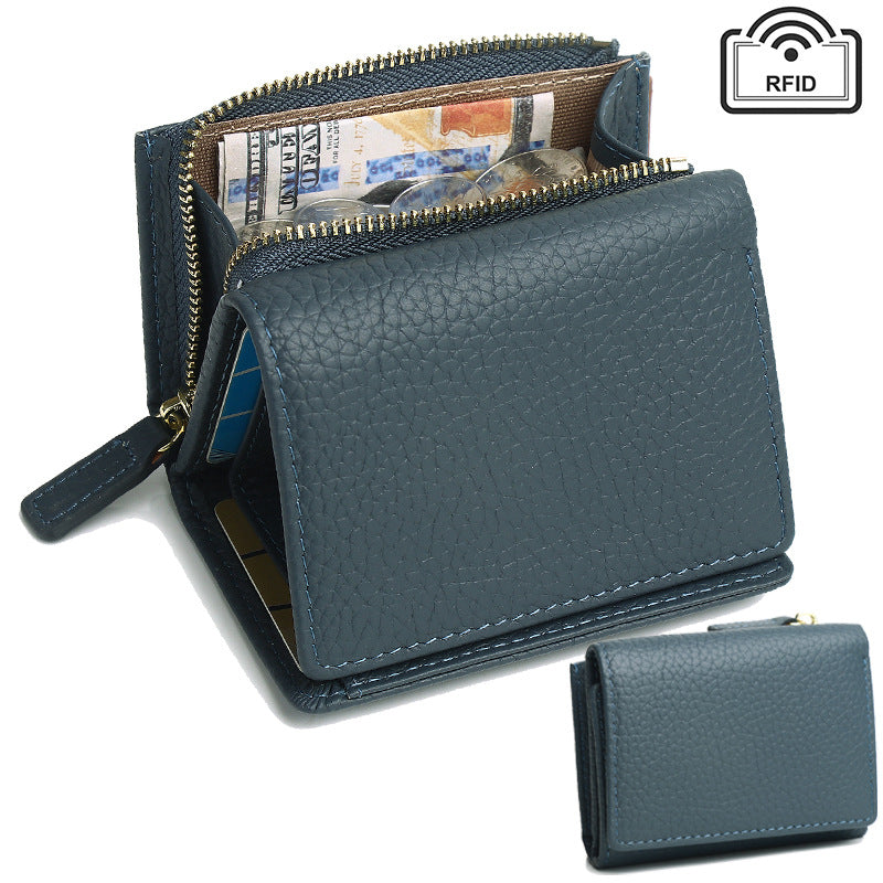 Genuine Leather RFID Small Wallet with Coin Pocket in Blue